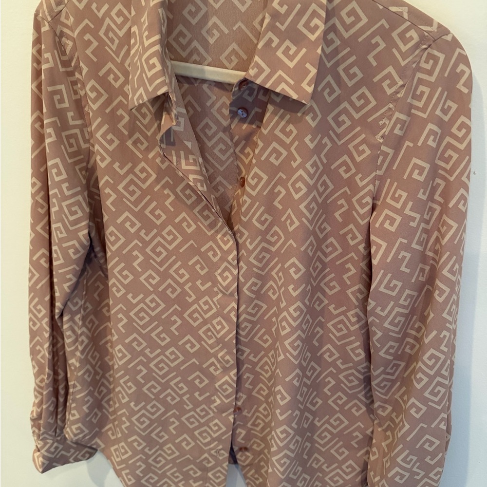 Mango Salmon and Beige Geometric Button Down Shirt